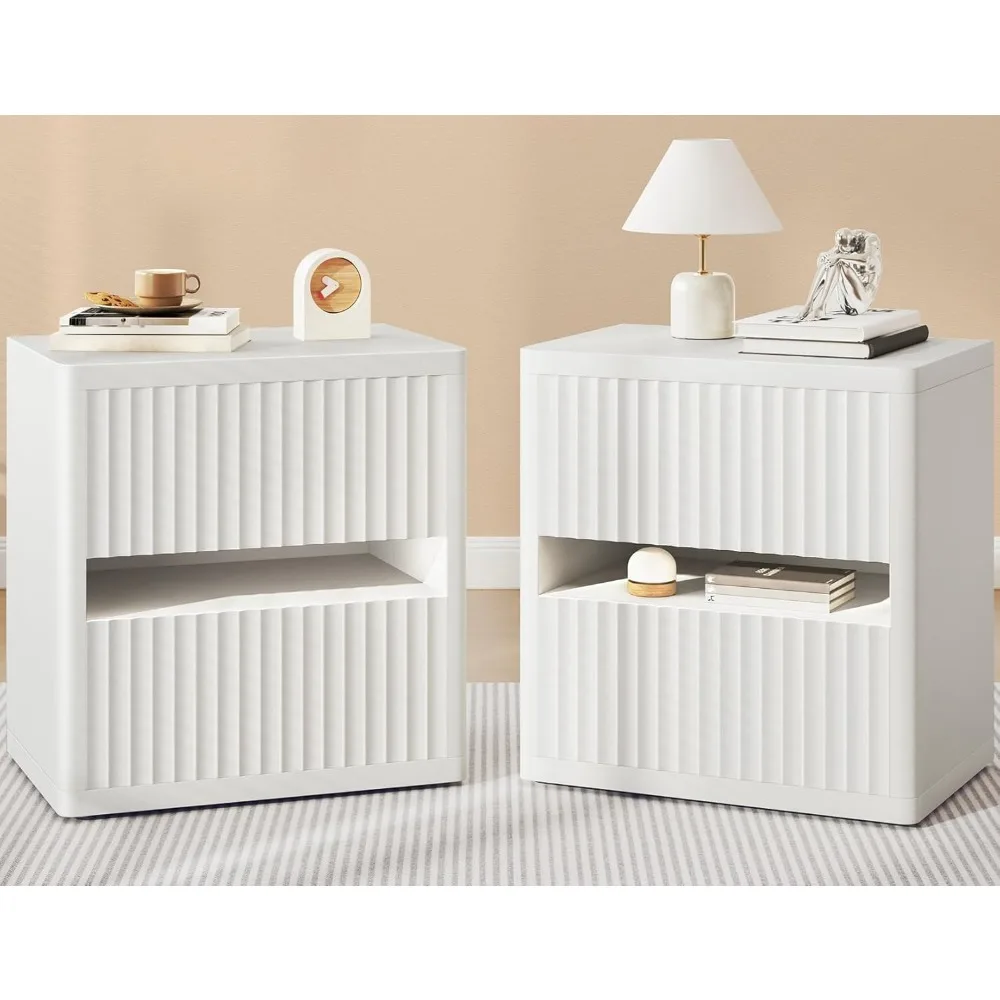 

Fluted Nightstand with 2 Drawers, Large Wide Wood Night Stand Bedside Tables for Bedroom, Mid-Century Modern Storage
