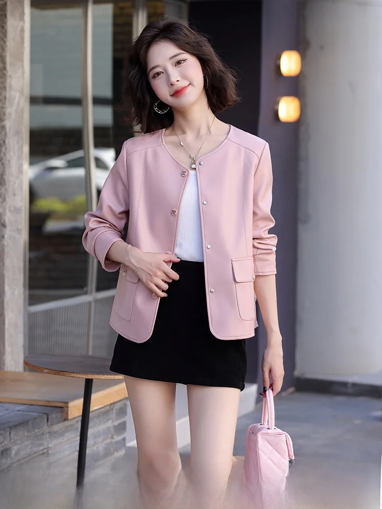 

Faionable ort eepskin Leather Jaet Women's Anti-Aging Spring Autumn Korean Sle Slimming Outerwear Button Decor