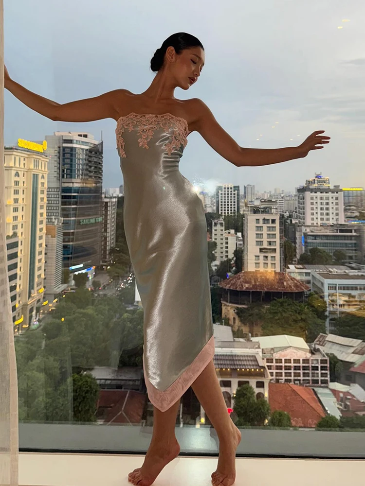 Kliou Silky Stain Elegant Long Dress Woman Lace Jacquard Decoration Wrap Chest Backless Midnight Prom Party High Waist Vestidos