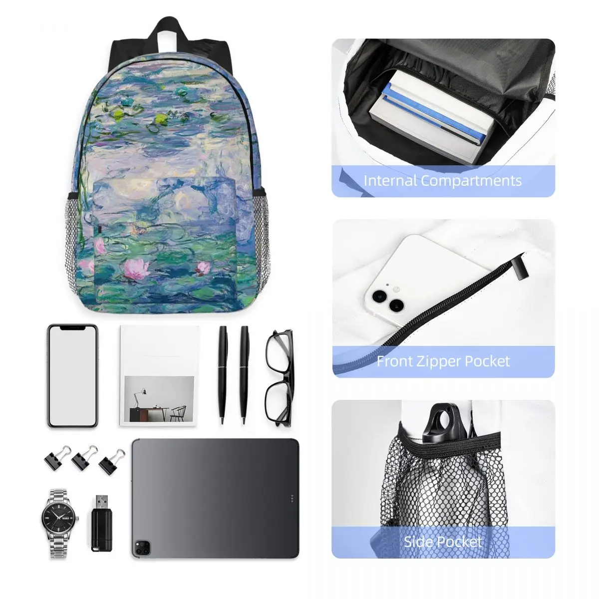 Nenúfares Claude Monet Belas Artes Mochilas, Bookbag adolescente, Estudantes Mochilas Escolares, Mochila Laptop, Bolsa de Ombro, Grande Capacidade