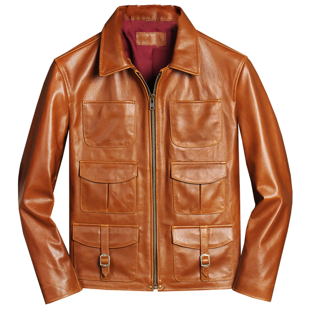 

European Style Genuine Leather Men Trench Coats Outdoor US Fashion Cowhide Jacket Real 6 Pockets Hunting Suit Coat Windbreaker