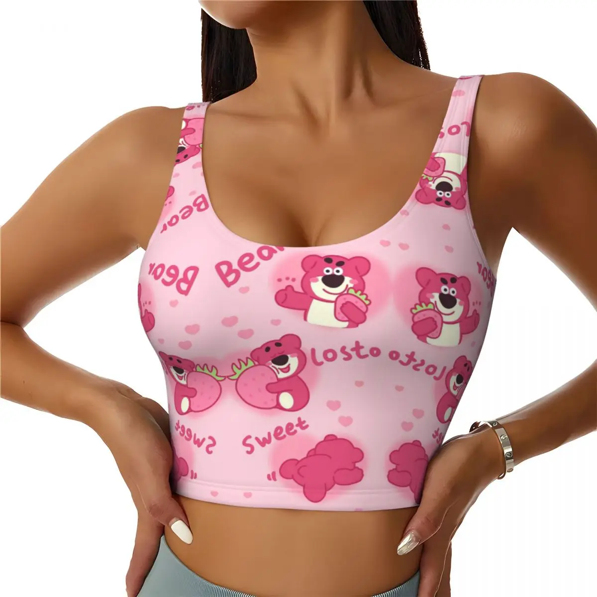 Custom Cute Lotso Strawberry Bear Sports Bra Women's High Impact Workout Yoga Crop Top