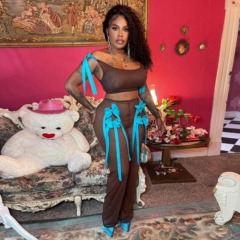 

Mesh See Through Bow Women Two Piece Set 2024 Summer New Fashion Slim Fit Sleeveless Tanks Crop Tops Pants Streetwear