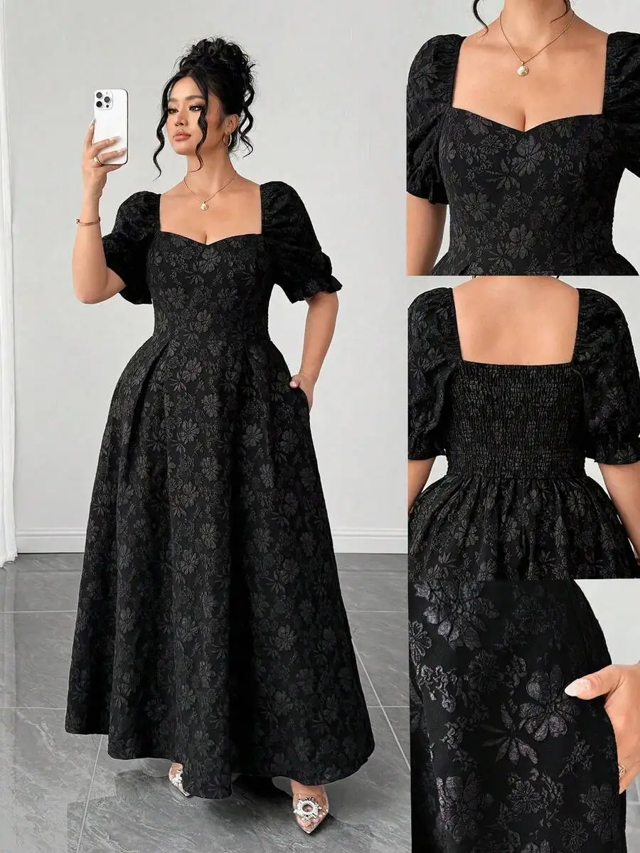 

Black Floral Jacquard Dress Women Plus Size Puffy Sleeve A-Line Floor Length Evening Party Dress