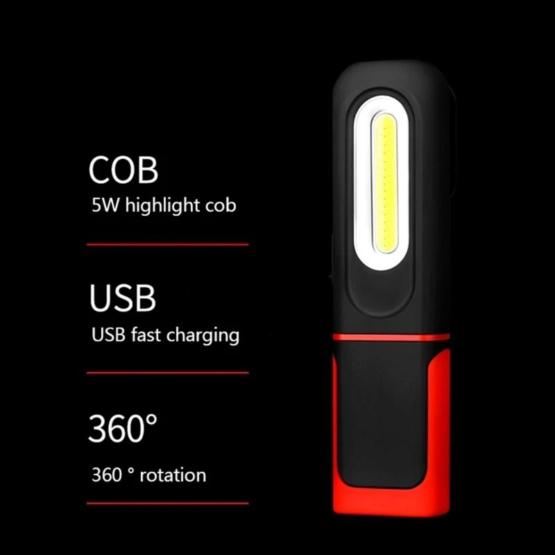 D5BE Rechargeable COB Work Light Portable 360° Rotation Flashlight With Base Led Lamp For Car Repair Garage Camping