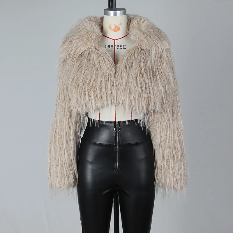 KIDCRKJ Women Winter Artificial Fur Coat Cropped Fringed Long Sleeve Female Faux Fur Coat Multicolor Sexy Lady Eco Fur Jacket
