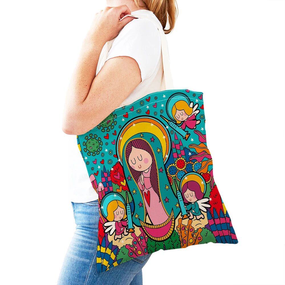 Cartoon Vergine Maria Serie Borsa shopper da donna Borsa in tela Pieghevole riutilizzabile Doppia stampa Tote Lady Shopping Bag Regalo per bambini