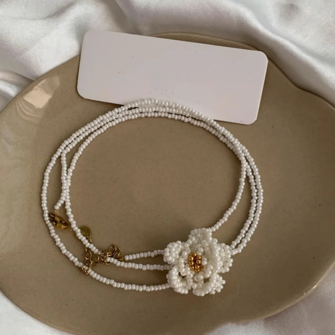 

DUTRIEUX Y2K Small Fragrance Pearl Necklace Tea Flower Design Choker Multi-Wear Beaded Sweater Chain Waist Chain Decoration Gift