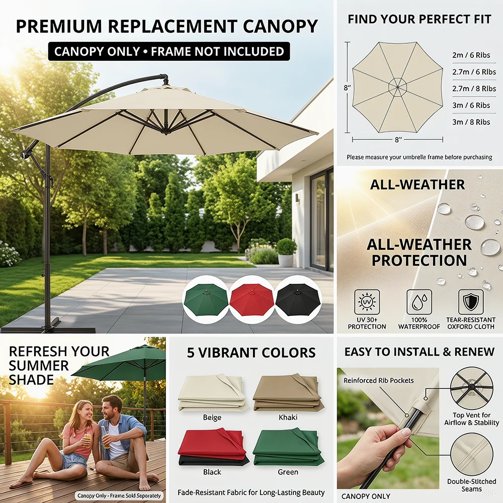 5 Colors UV Protected Pergola Canopy Replacement Cover for 6.5/9/10ft Pergola, Available in 6 or 8 Ribs