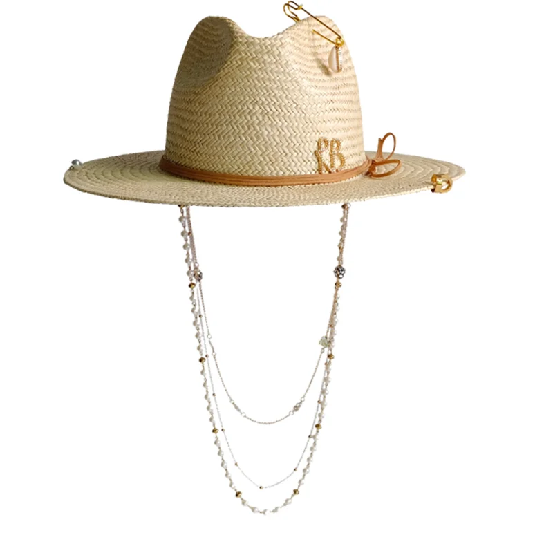 Sisal Straw Hat 2026 DIY Personalized Handmade Hat featuring Pearl Chain Flat Top Sun Hat New Style Lettering Design Women's Cap