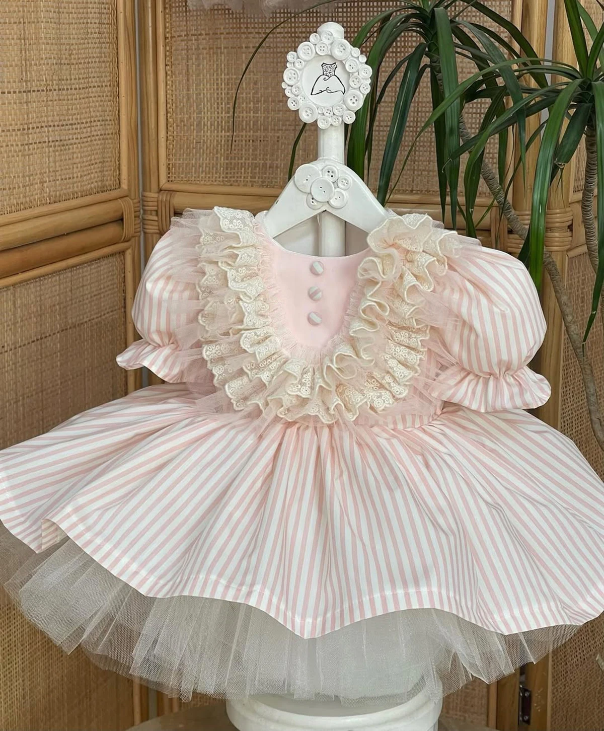 Summer Girl Pink White Striped Fluffy Dress for Casual Party Birthday Wedding Photography