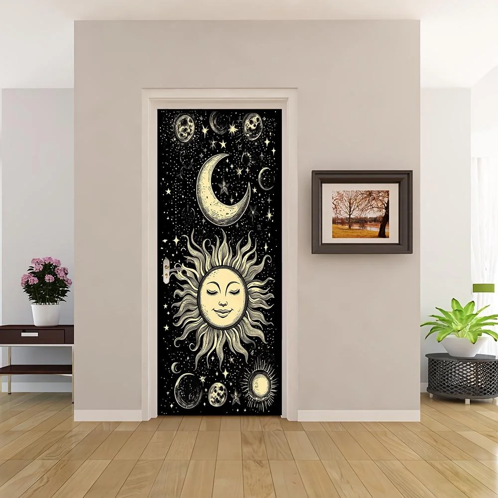 2pcs of this sun, moon, and star wall sticker adopts a retro hand-painted style design, including closed eye smiling sun, cresce