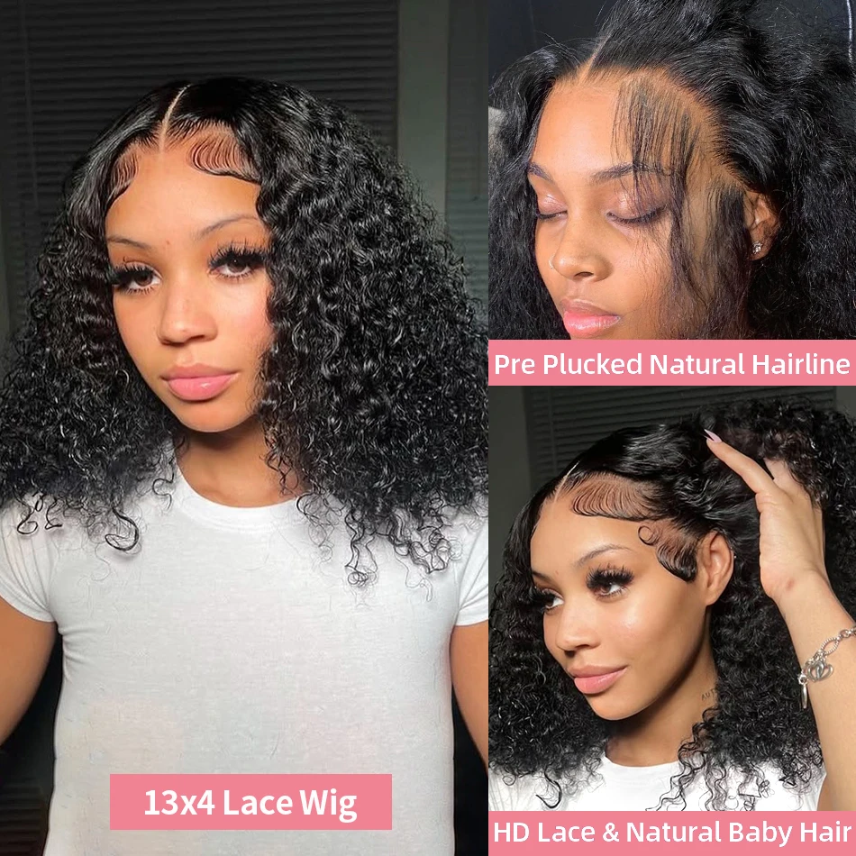 Perucas de Cabelo Humano Cacheado Ondulado de 16 Polegadas, Perucas Frontais de Renda Transparente 13x4, Perucas Bob Curtas de Cabelo Humano Brasileiro com Ondas Profundas, Perucas de Cabelo Humano com Fechamento de Renda 4x4 para Mulheres