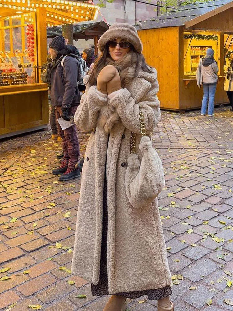 HH Vintage Teddy Long Coat Women Autumn Winter Lapel Chic Long Sleeve Double Breasted Big Jacket Woman Street Blend Overcoat