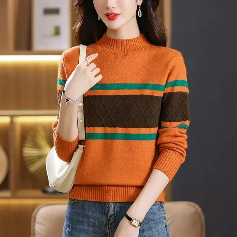 Suéter de manga larga para mujer, Jersey holgado y versátil de Cuello medio alto con bloqueo de Color, tendencia de moda de otoño e invierno, novedad