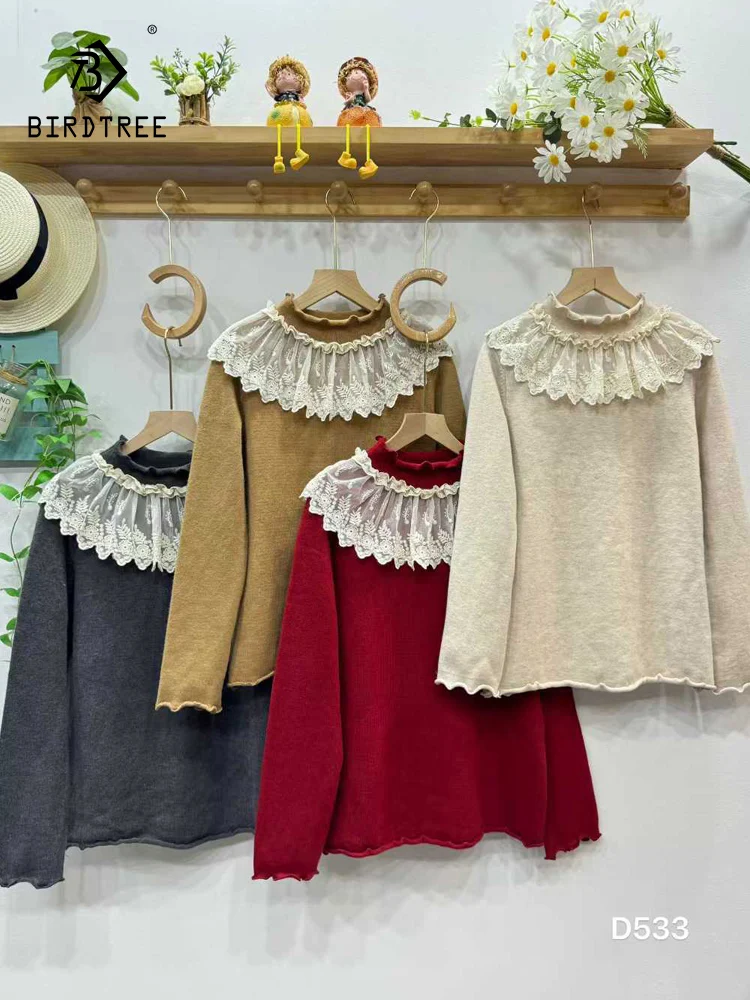 

New 2026 Spring Cotton Blending Sweater, Women Mock Neck Lace Patchwork, Mori Girl Retro Sweet Loose Pullover Sweater T5D822CC
