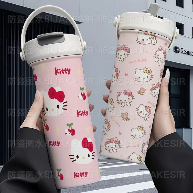 

Sweet Hello Kitty Anime Kawaii Sanrio Portable Stainless Steel Straw Bottle Cute Drinking Large Capacity Water Cup Gifts Toys