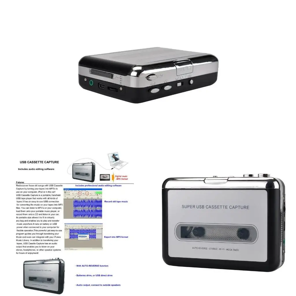  Ezcap218 Digital Cassette Player Converts Tape to MP3 USB Port Power Supply