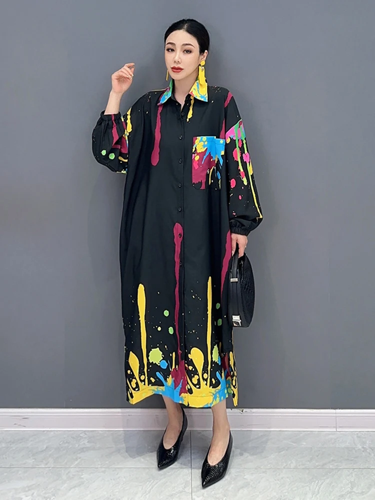 SHENGPALAE Graffiti Printed Dress For Women Fashion Lapel Pocket Patchwork Full Sleeve Loose Vestido Robe Autumn 2024 New 5R5552