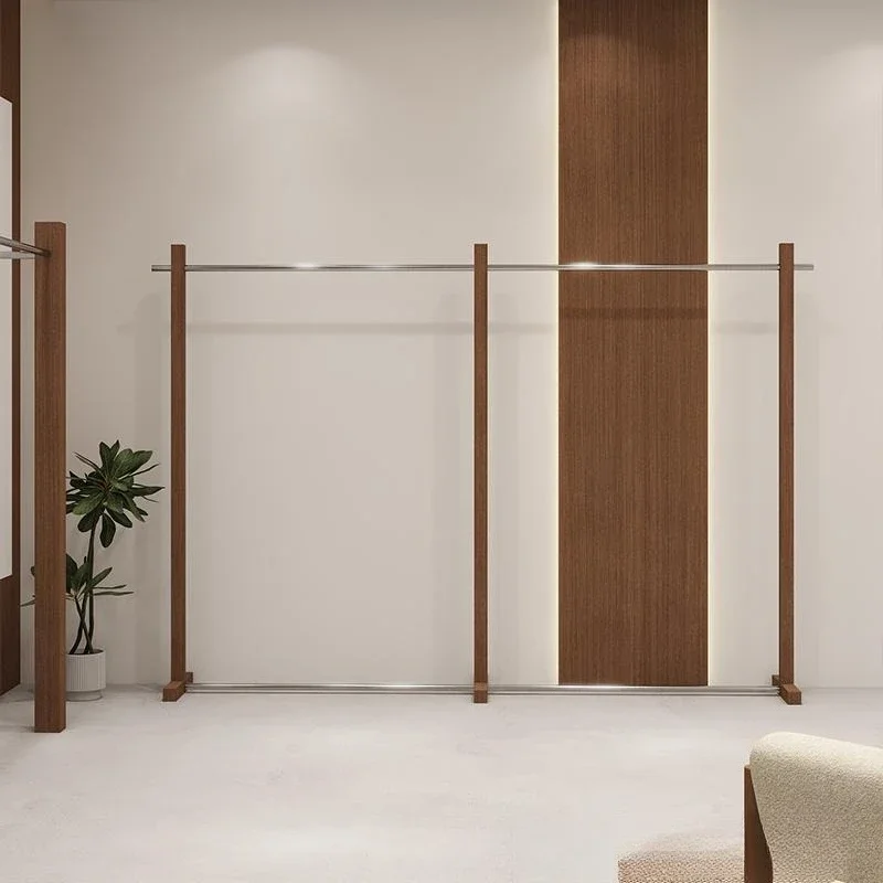 Clothing display Zhongdao floor-to-ceiling stainless steel clothes rod transfer walnut wood grain color