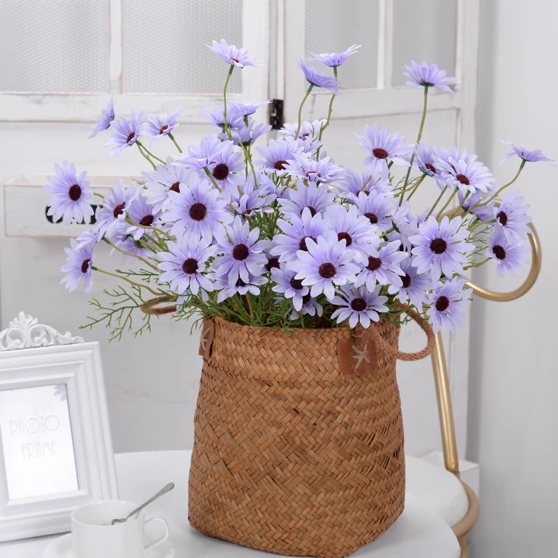 52 ซม.สีขาว Daisy ประดิษฐ์ดอกไม้ 5 หัวผ้าไหมสีขาว Chamomile ดอกไม้ปลอมช่อดอกไม้ DIY Home Garden Party งานแต่งงานตกแต่ง