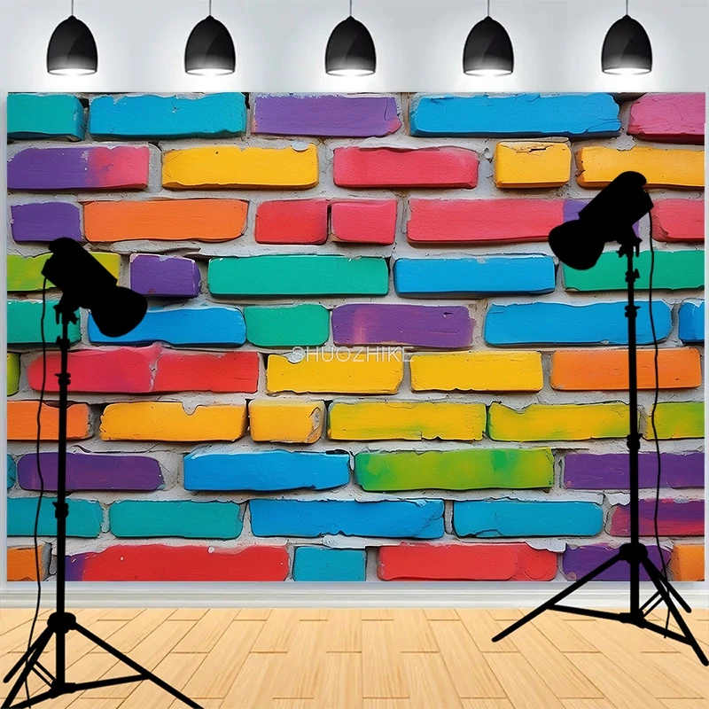 

Graffitistyle Rainbow Painted Brick Wall Background Damaged Rustic Texture Vibrant Grunge Photography Backdrops BK-11