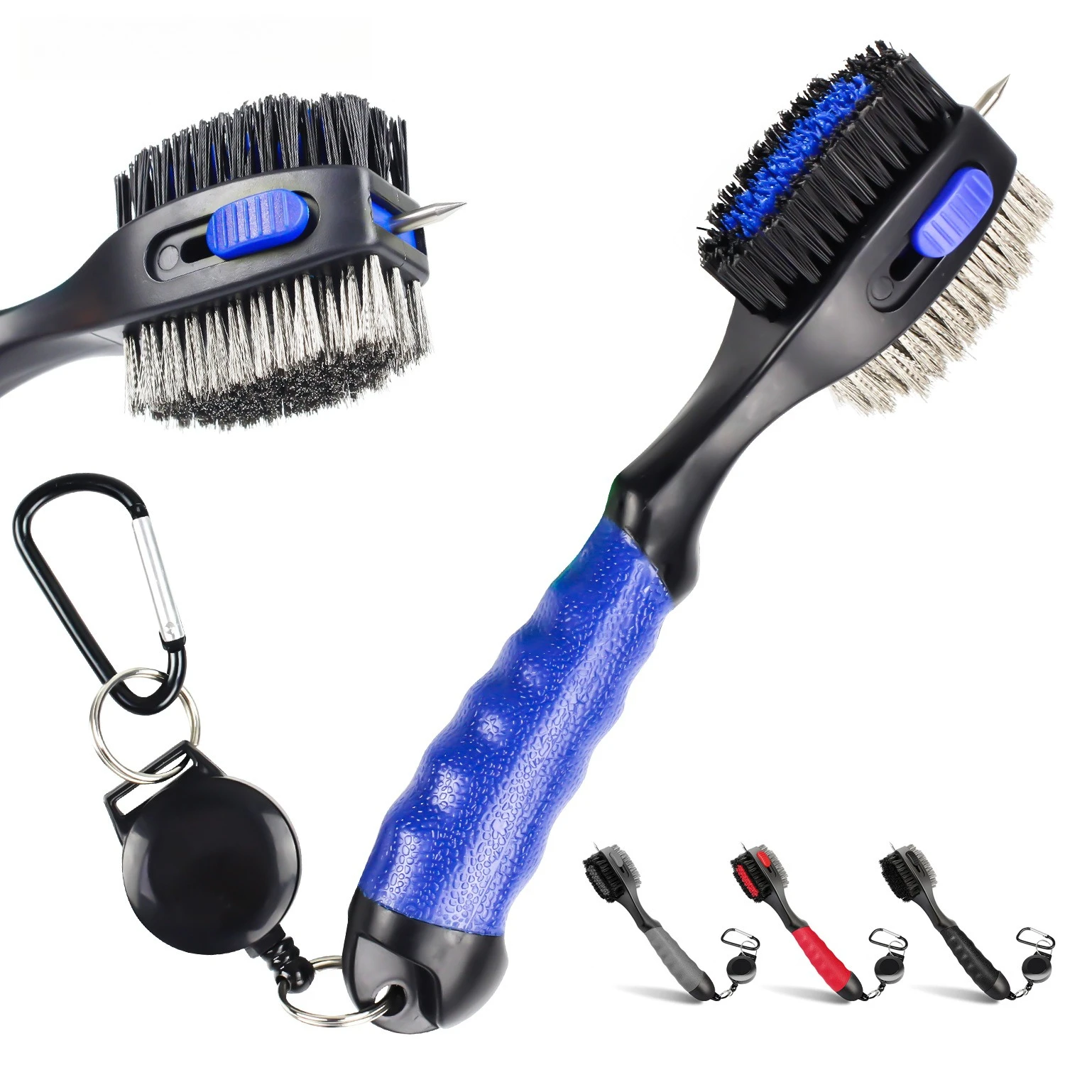 Golf Club Cleaner Golf Club Brushes and Groove Cleaner Retractable Zipline Carabiner Golf Brush Head with Spike Comfortable Grip