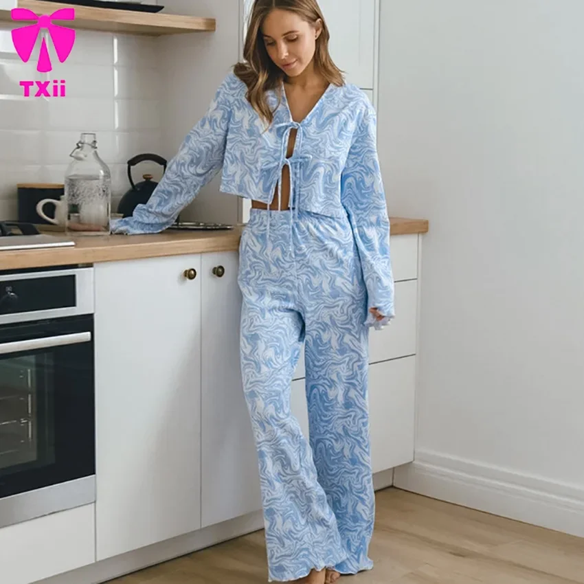 TXii Newlook Autumn New Blue Printed Casual Loose Printed Home Clothes Knitted Cardigan Long Sleeve Trousers Pajamas for Women