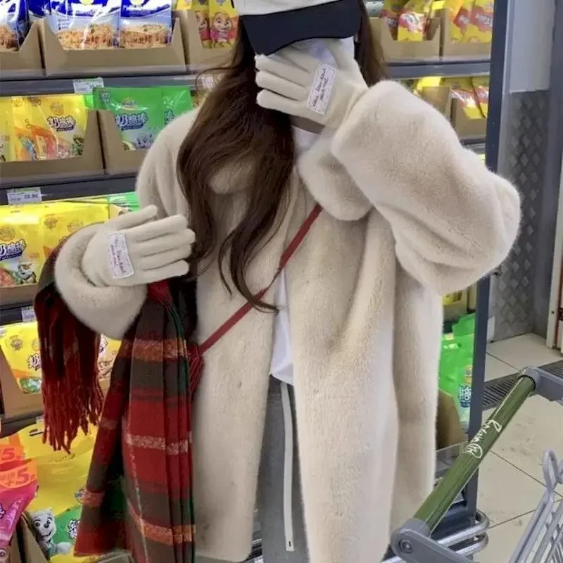 Y2k Zimní teplé klopové kožichy s ochranou životního prostředí pro ženy Korejská móda Volné ležérní dámské béžové bundy Nové - náhled 4