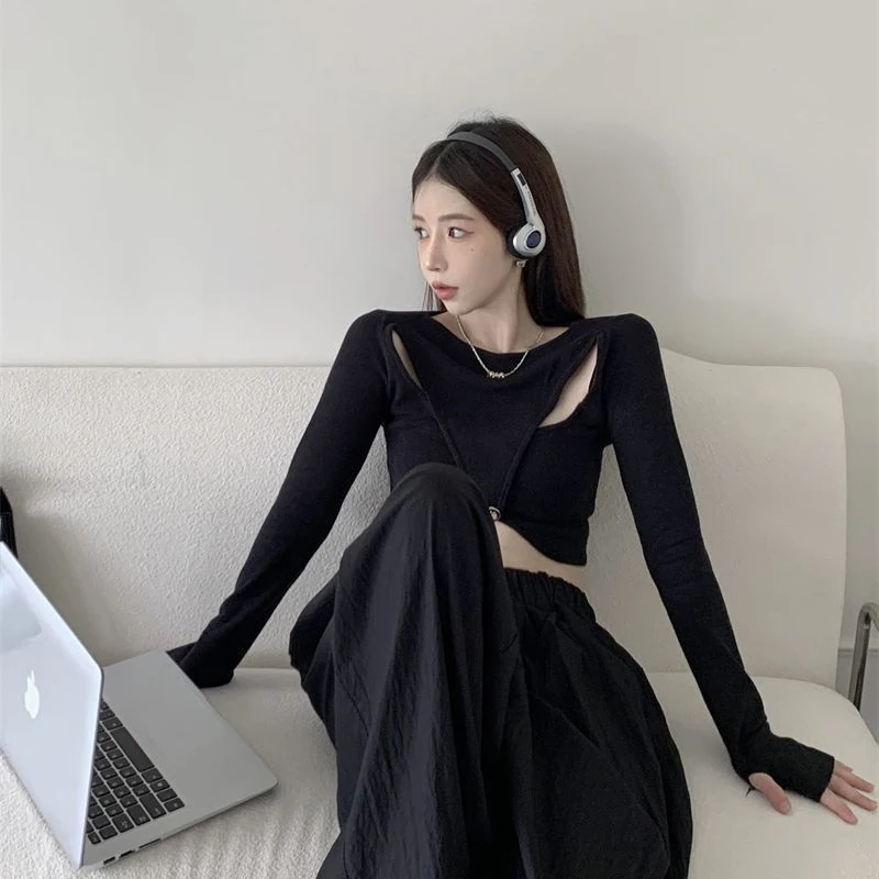 Hotsweet New Irregular Knitted Hollow Black T-shirts Women Fashion Slim Undercoat Long Sleeve Cropped Tops Y2K Girls