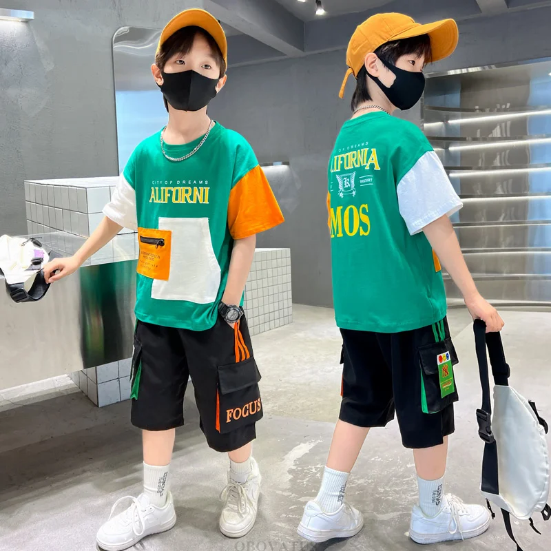 Hot Sale Kids Summer Top and Bottom Clothing Set For Tween Boys Korean Style Cotton 2 Pieces Suit Child Clothes Tracksuit Outfit