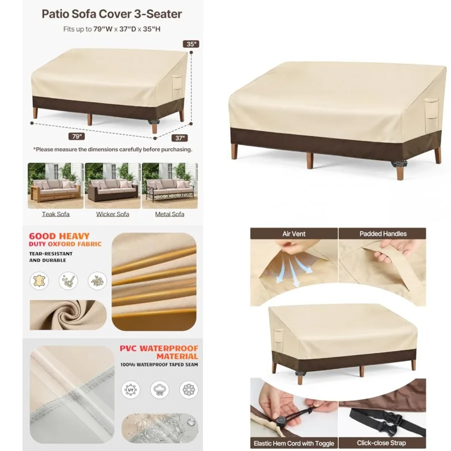 

Heavy Duty Patio Sofa Cover, 100 Waterproof 3-Seater Outdoor Sofa Cover, Lawn Patio Furniture Covers with Air Vent and Handle,