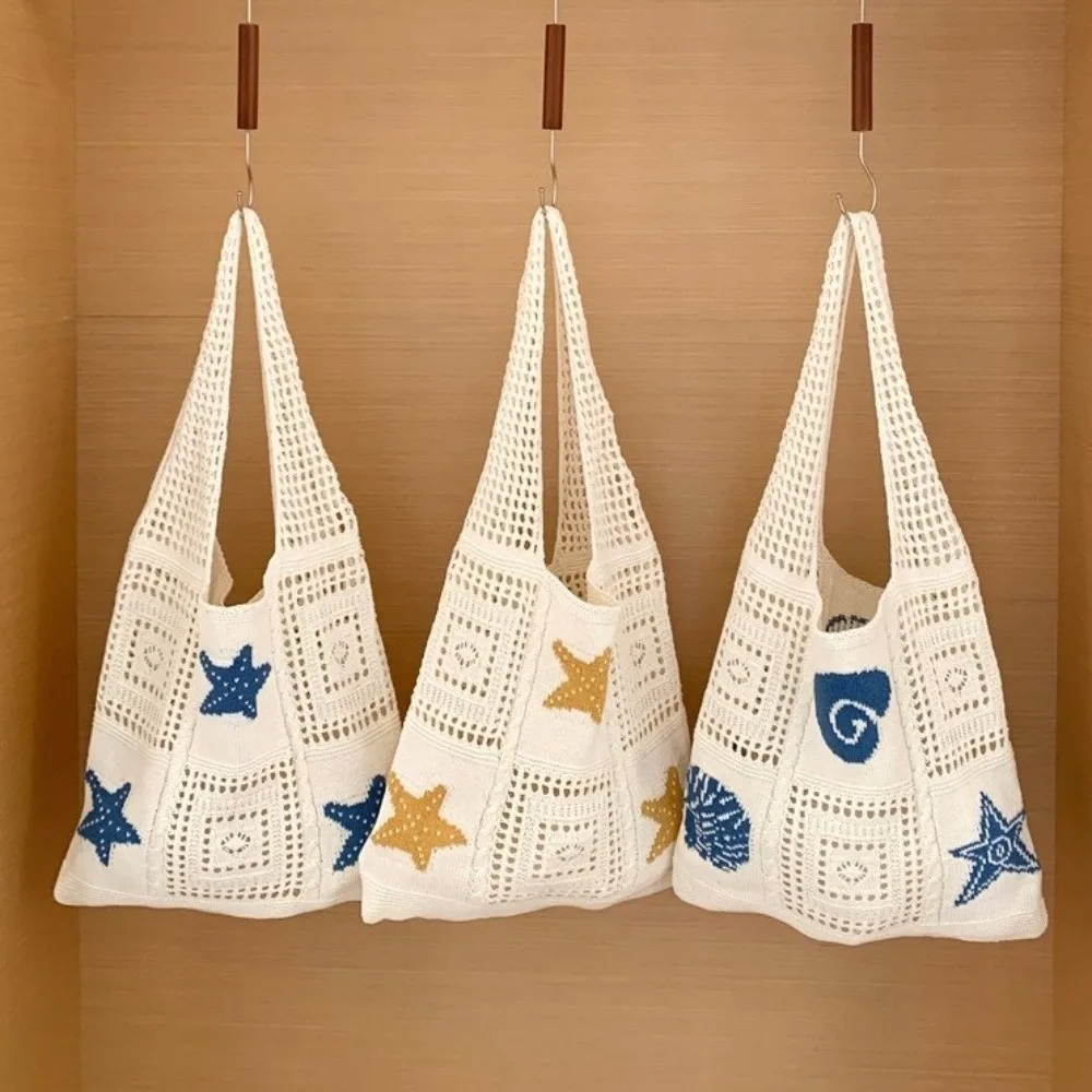 Fashion Starfish Crochet Tote Bag Shell Large Capacity Woven Shoulder Bag Embroidered Lightweight Knitting Handbag Storage