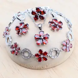 925 Sterling Silver Jewelry Sets Earrings Rings Pendant Necklace Red Zirconia Bridal Bracelets For Women Wedding Set Jewelry