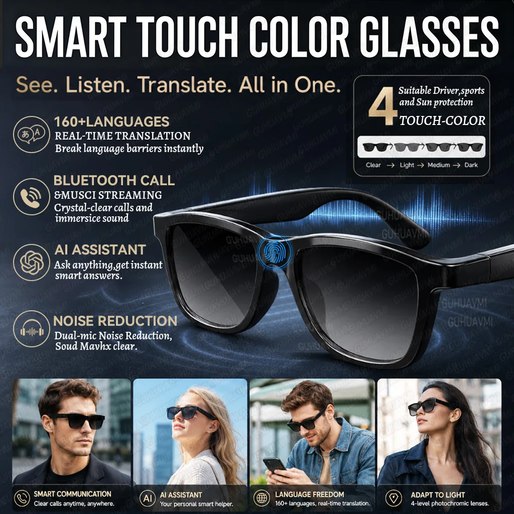 

2026 Smart Eyewear AI Translation Color Changing Lens Bluetooth Audio Glasses Wireless Earbuds ENC Mic IP65 TR90 AI Glasses Men