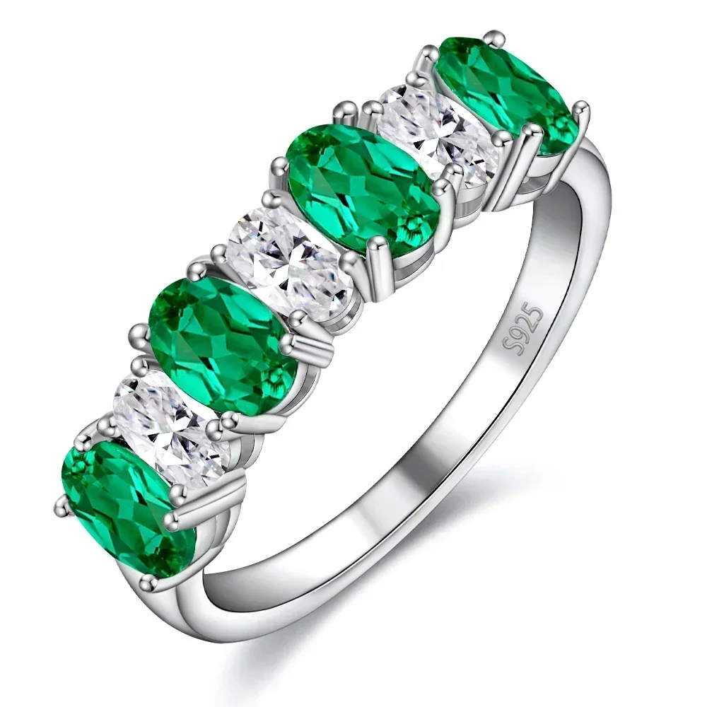 4*6mm Lab Emerald Engagement Ring for Women 925 Sterling Silver Oval Cut Synthetic Emerald Created Gemstone Wedding Band Jewelry