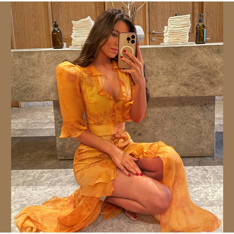 Elegant Ruffle Women's Long Dresses V Neck Half Sleeve Button Waist Cinching Pleated Dress 2026 Spring Lady Fashion Party Robes