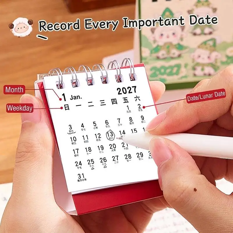 New 4Pcs 2027 Mini Desk Calendar Cute Cartoon Sheep Patterns Foldable For Office Home Schedule Planning