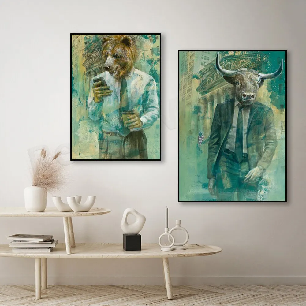 الدب الثور قماش طباعة HD سوق الأسهم جدار الفن للمتجرين الحديثة مكتب ديكور المنزل ملصق