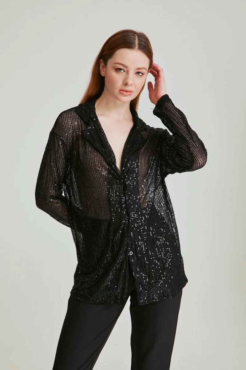 2025 Trendy Plus Size Sequin Sparkle Shirt - Vintage Collared Loose Fit Long Sleeve for Spring image 3