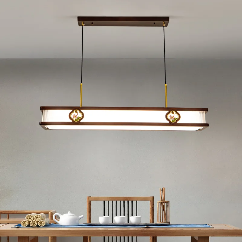 New Chinese style all copper gold wire sandalwood tea room pendant light with Zen style long strip high-end lighting fixtures