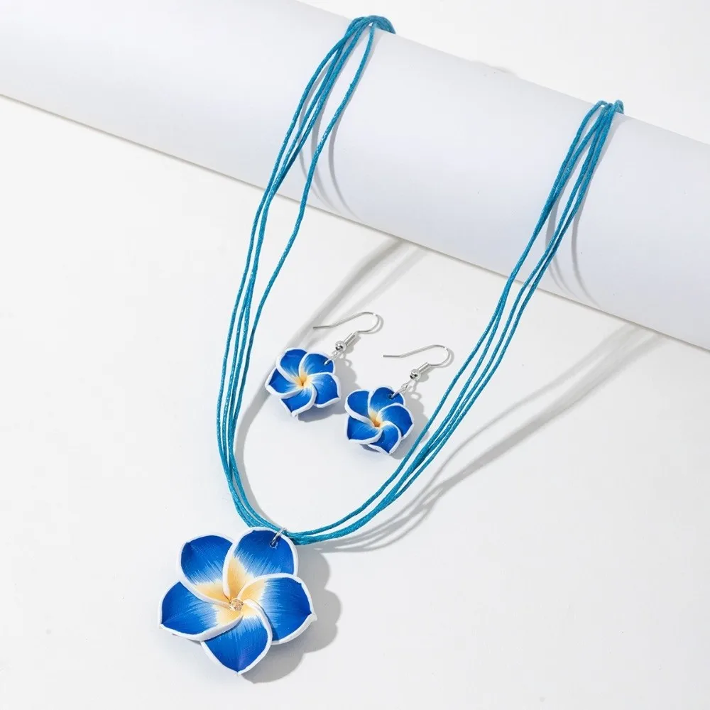 Soft Clay Plumeria Flower Jewelry Set Plumeria Flower Design Bohemian Style Flower Jewelry Matching Earrings Wax Cord Set