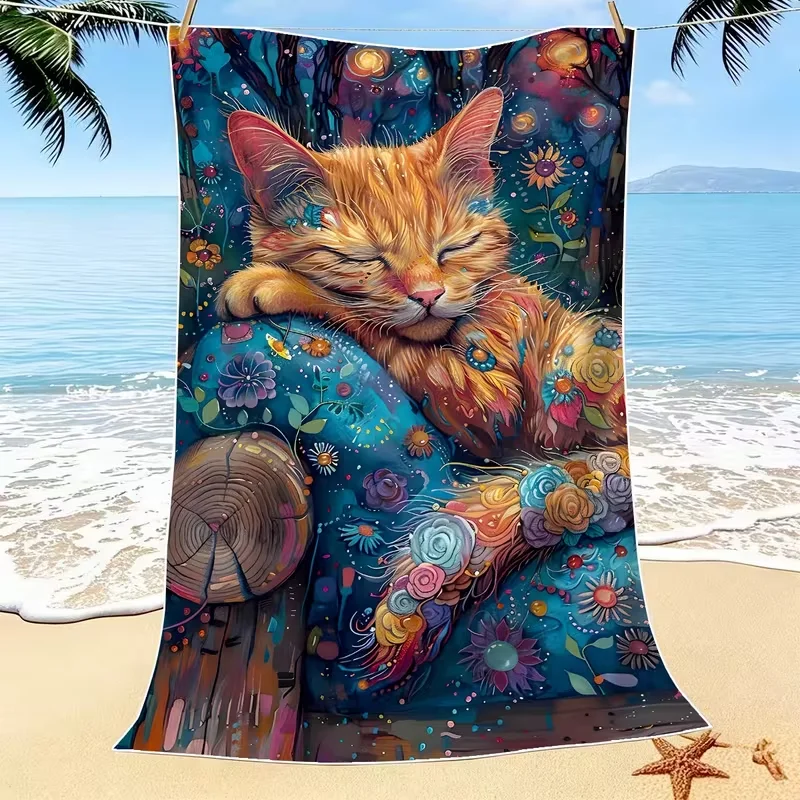 Colorful Sleeping Orange Cat Floral Print Beach Towel Whimsical Fantasy Art Style Quick Dry Soft Sand Free Towel for Summer