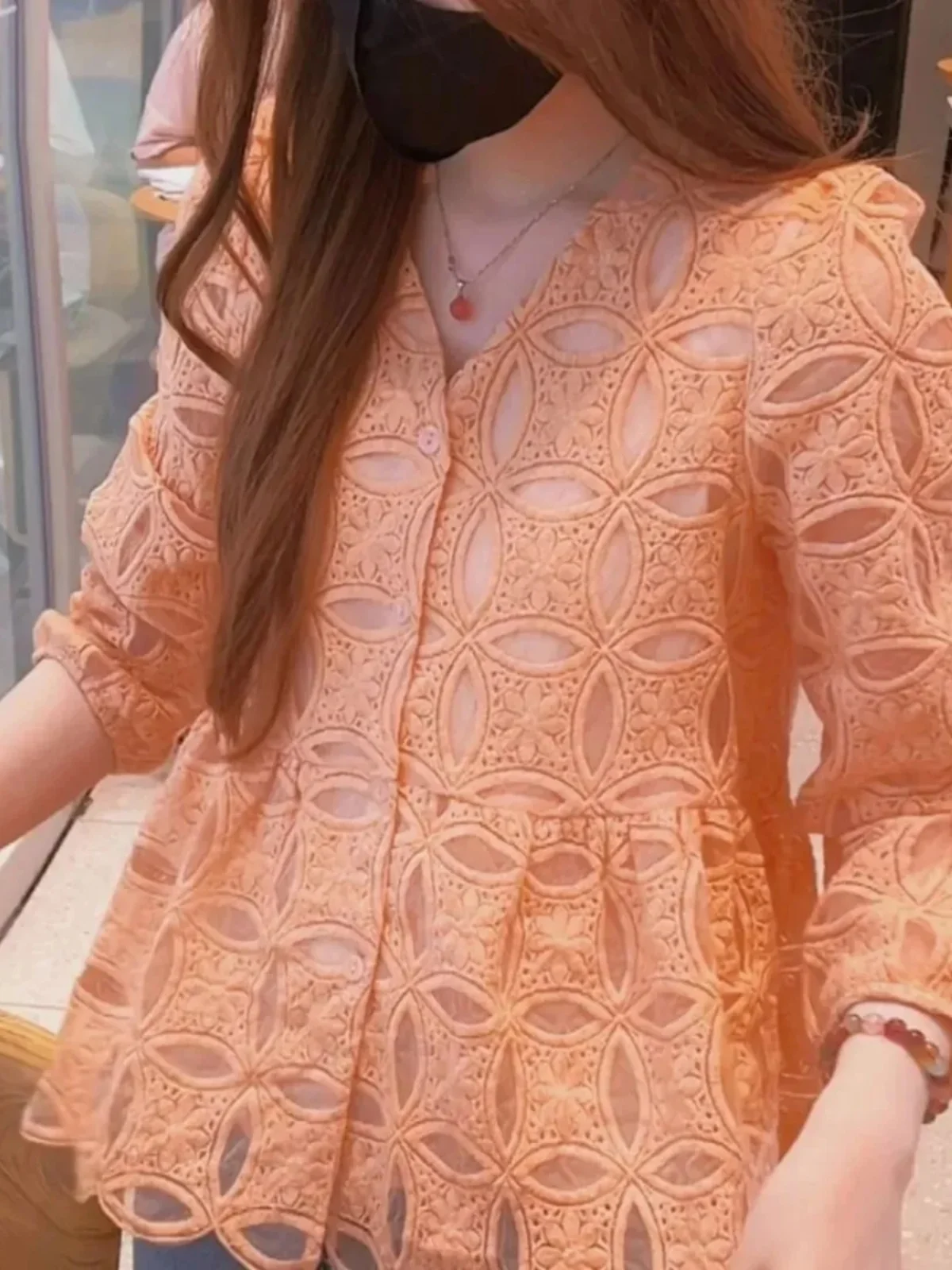 

Embroidered Lace Long Sve irt Women Slimming Belly Conceal Faionable Trendy V-ne Casual Sle Polyester Blend Material