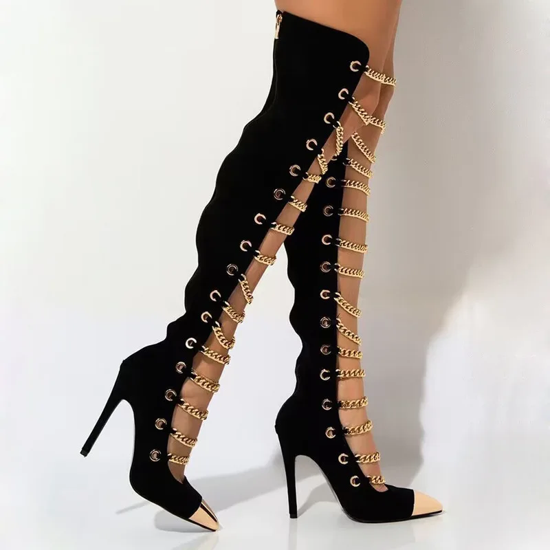 

Sexy Metal Gold Chains Strap Front Thigh Boots Gold Pleated Pointed Toe Thin High Heels Chains Cutout Woman Over Knee Boots