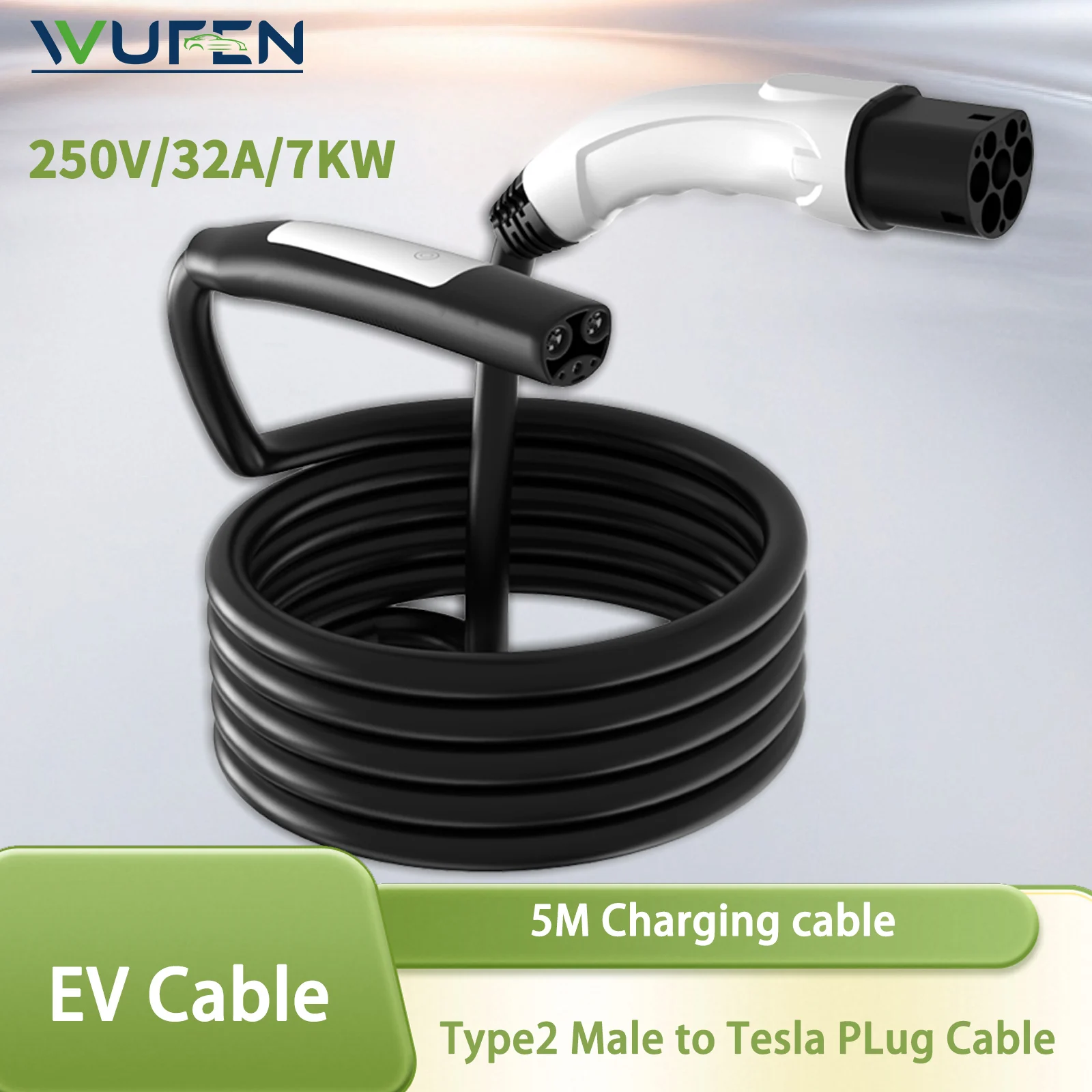 Câble de chargeur EV WFUEN IEC62196-2 Type 2 mâle vers Tesla NACS, 5 m, monophasé, 32 A, 7 kW, pour les modèles 3, Y, X, S fabriqués aux États-Unis sur les bornes de recharge AC publiques