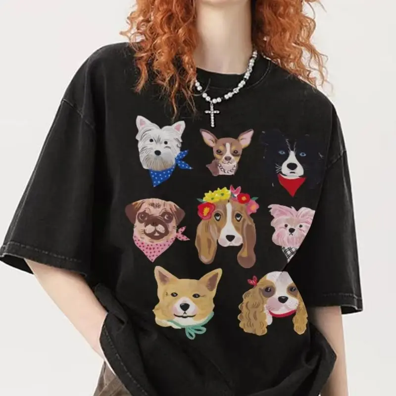 

100% Cotton Casual Women's T-Shirt High Quality Cartoon Puppy Print Crew Neck Loose Designer New Custom Top Wear