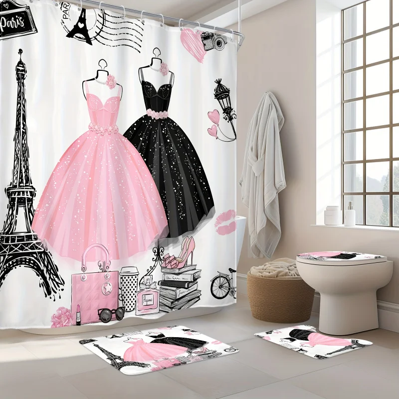 1PC Fashion Dresses Shower Curtain, Modern Eiffel Tower Women Paris Perfume High Heels Pink Black Makeup Bathroom Decor Fabric P