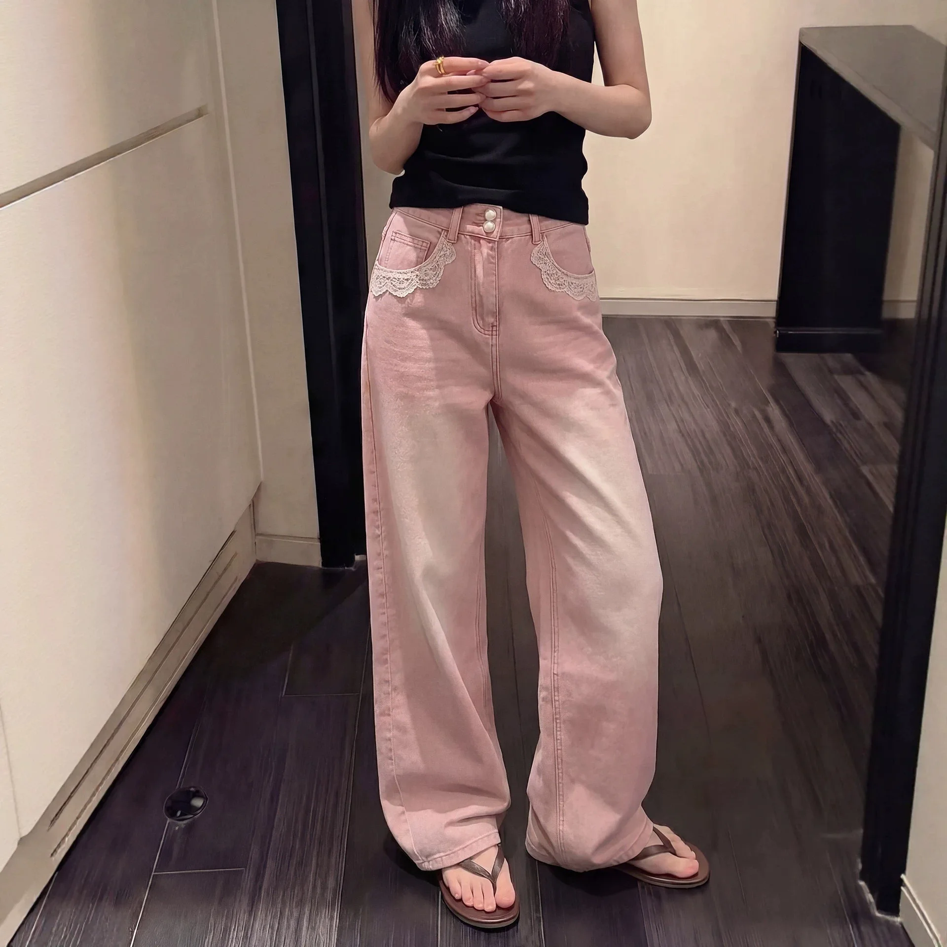 New Sweet Pink Lace Splicing Wide Leg Jeans Women Casual Versatile High Waist Loose Straight Denim Pants Vintage Trousers
