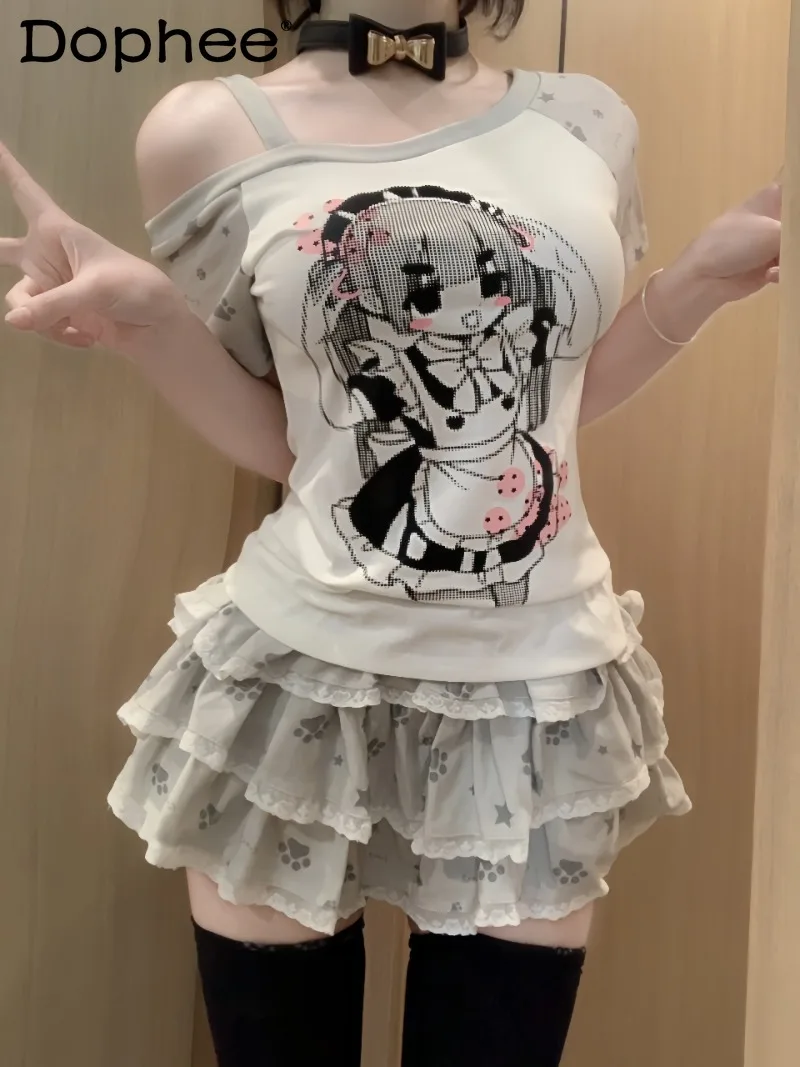 

Lolita Original Design Two-dimensional Animation Girl Print T-shirt 2026 Summer Cute Soft Girl Short-sleeved Top Cake Skirt Set